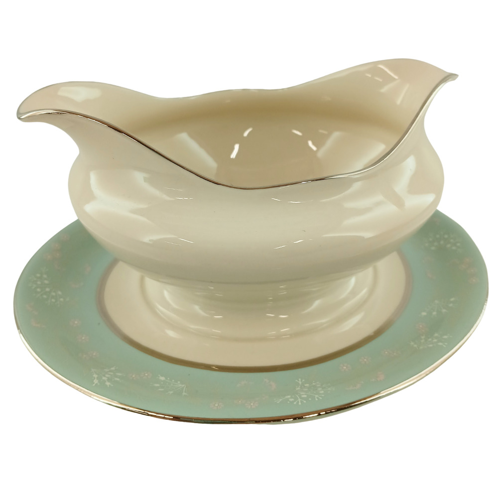 Castleton Fine China Corsage Aqua Floral Gravy Boat w/ Attached Underplate USA